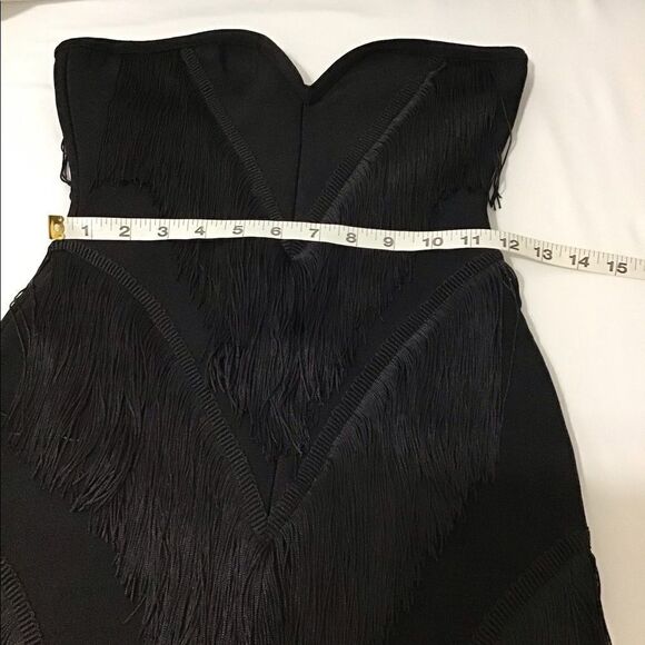 ATHINA Black Bandage Strapless Fringe Mini Dress New Size Small - Picture 6 of 9